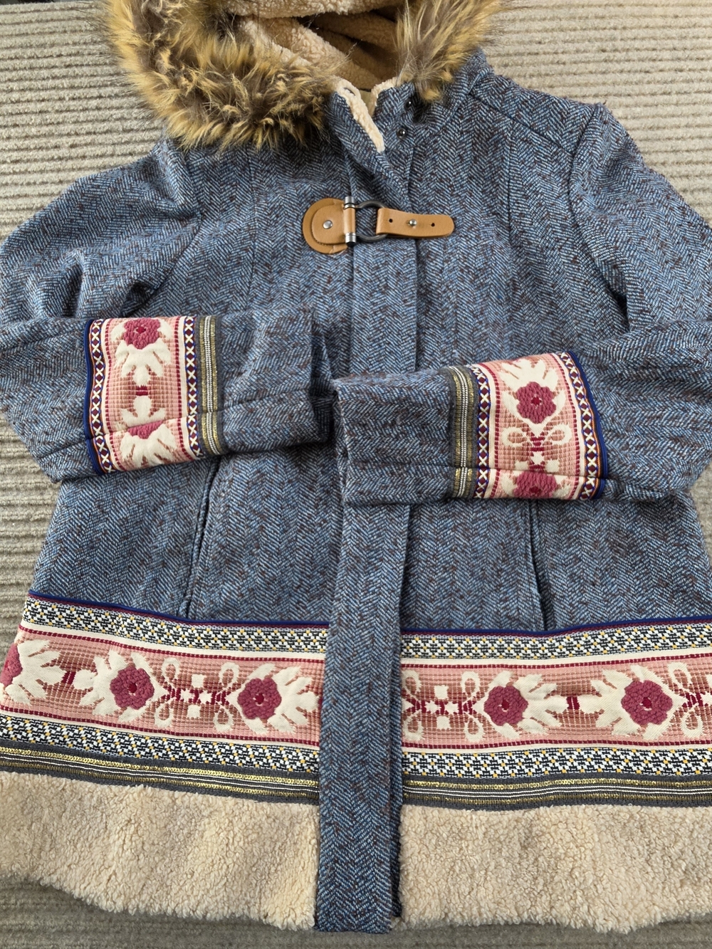 Anthropologie Elevenses Northerner Coat Embroidered Fur Hood S Cottage core